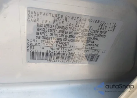 2019 Nissan Sentra Sv z USA, uszkodzony, nr VIN 3N1AB7AP1KY429873